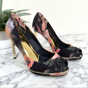 Ted Baker Phhylis moody black floral peep toe stilettos gold heels size 38